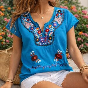 Otomi-style embroidery Peasant Blouse Boho Folk Floral Butterfly Summer Top